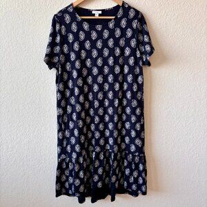 J.Jill navy blue and white paisley print t-shirt ruffle hem dress size L